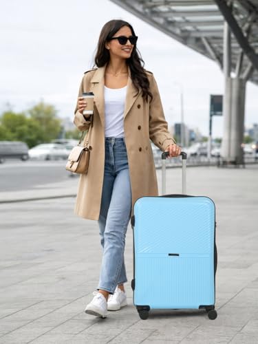 Image of Teakwood Meduim Size 8 Wheels Trolley Bag, Hard Cabin with Zipper Closure, Adjustable Push Button & Cross Side Strap, Number Lock System 360 Degree (Medium, Sky Blue)