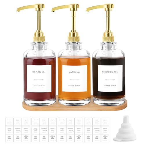 Sunal Dispensador de jarabe de café con bandeja, juego de 3 dispensadores de jarabe de vidrio con bomba de gran capacidad de 1/4 onzas, etiquetas impermeables y embudo, botella de bomba de jarabe de
