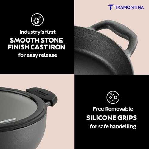 Image of TRAMONTINA TITANEX 26cm / 4.6L Pre-Seasoned Heritage Cast Iron Deep Kadai with Toughened Glass Lid | Snap-On Silicone Grips | Kadhai for Curry | Gas & Induction Cookware | Life-Time Warranty
