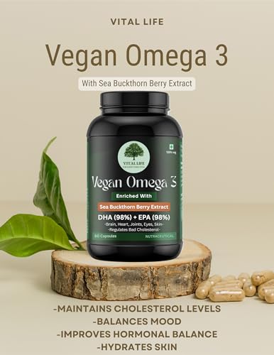 Image of VITAL LIFE Vegan Omega 3 Vegetarian Capsules, 60 Caps | 98% DHA & EPA, Sea Buckthorn Berry, Algal DHA & Flaxseed Extract, Heart, Brain, Joint & Skin Health