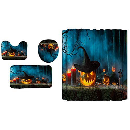Halloween Bathroom 4 PCS Set,Jchen(TM) Happy Halloween 4 PCS/Set Halloween Print Toilet Cover Rug Set 4 Piece Bathroom Mat Rug Lid Toilet Cover with Bathroom Curtain (I)