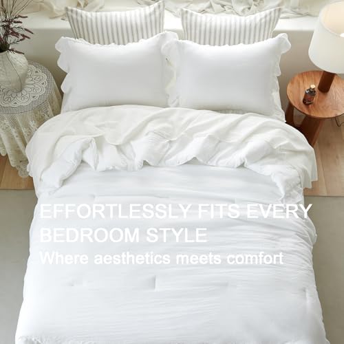 Image of Pure White Ruffle Comforter Set Queen, Pre-Washed Shabby Chic Bedding Set, Lightweight Cottagecore Soft Romantic Cozy 1 Comforter & 2 Shams, All-Season