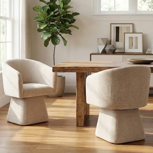 Image of VKNOW Upholstered Swivel Dining Chairs Set of 4 with Barrel Back and Arm | Modern Accent Arm Chair with Thickened Cushion, Soft Chenille Fabric, for Dining Room, Living Room, Vanity, Khaki