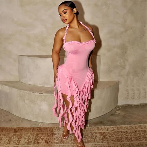 Image of Women's Summer Mini Dress Sexy Halter Backless Ruffle Fringe Bodycon Short Dress Cocktail Party Beach Vacation Sundress