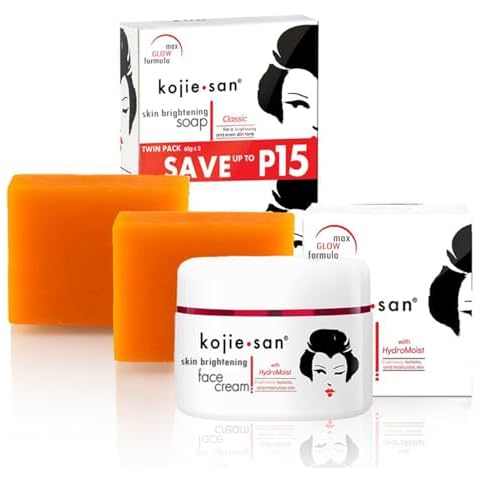 Kojie San Skin and Body Soap 2 Piece Set – Original Kojic Acid, Dark Spot Remover Soap Bar with Coconut & Tea Tree Oil – 65g x 2 Bars & 30g Face Cream Cover