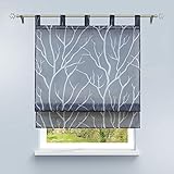 HongYa Raffrollo mit Schlaufen Transparente Raffgardine Voile Schlaufenrollo Küche Kleinfenster Gardine mit Äste Muster H/B 140/60 cm Grau