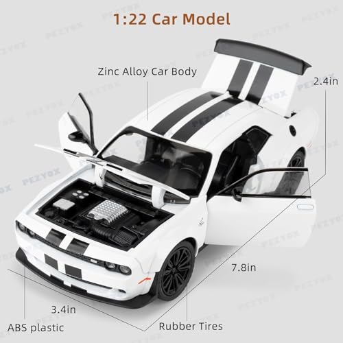 Image of 1:22 Dodge Challenger SRT Hellcat Die Cast Toy Car with Sound Light Pull Back Action Model Vehicle for Kids & Collectors Realistic Design Great Gift for Car Enthusiasts (White)