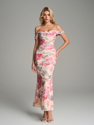 Image of KUTUMAI Off The Shoulder Maxi Long Dress Corset Ruched Bodycon Cocktail Formal Wedding Guest Dresses for Women