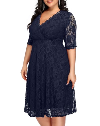 Women's Plus Size Wedding Guest Cocktail Party Semi Formal Lace Wrap V Neck Knee Length Dress3