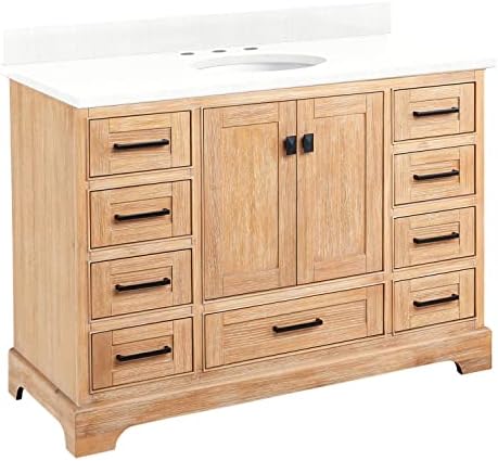 Signature Hardware 483421 Quen 48" Free Standing Single Basin Vanity Set with Cabinet, Vanity Top, and Undermount Sink - 3 Faucet Holes - Driftwood Brown/Feathered White Quartz