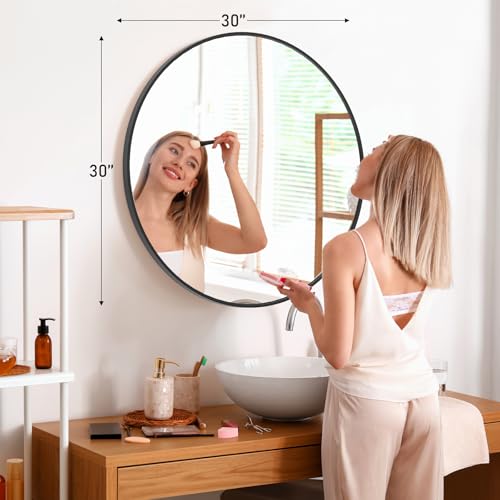 Image of Sweetcrispy 30-inch Black Round Wall Mirror, Circle Bathroom Mirrors with Metal Frame, Wall-Mounted Mirrors for Living Room, Bathroom, Entryway