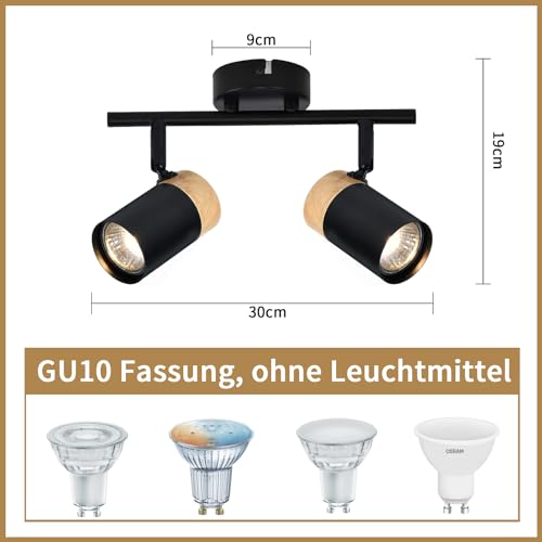 Glitzerlife lampa sufitowa z reflektorem drewnianym 2 płomienie - lampa sufitowa czarna GU10 LED obrotowy 330° reflektor do przedpokoju garażu salonu sypialni kuchni bez źródła światła