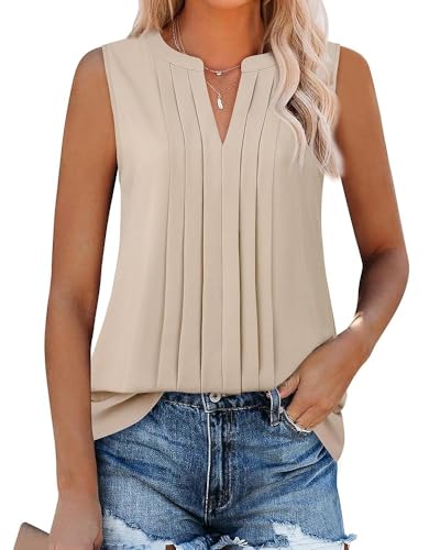 Gaharu Sleeveless Chiffon Tank Tops for Women Dressy V Neck Blouses Work Pleated Shirt