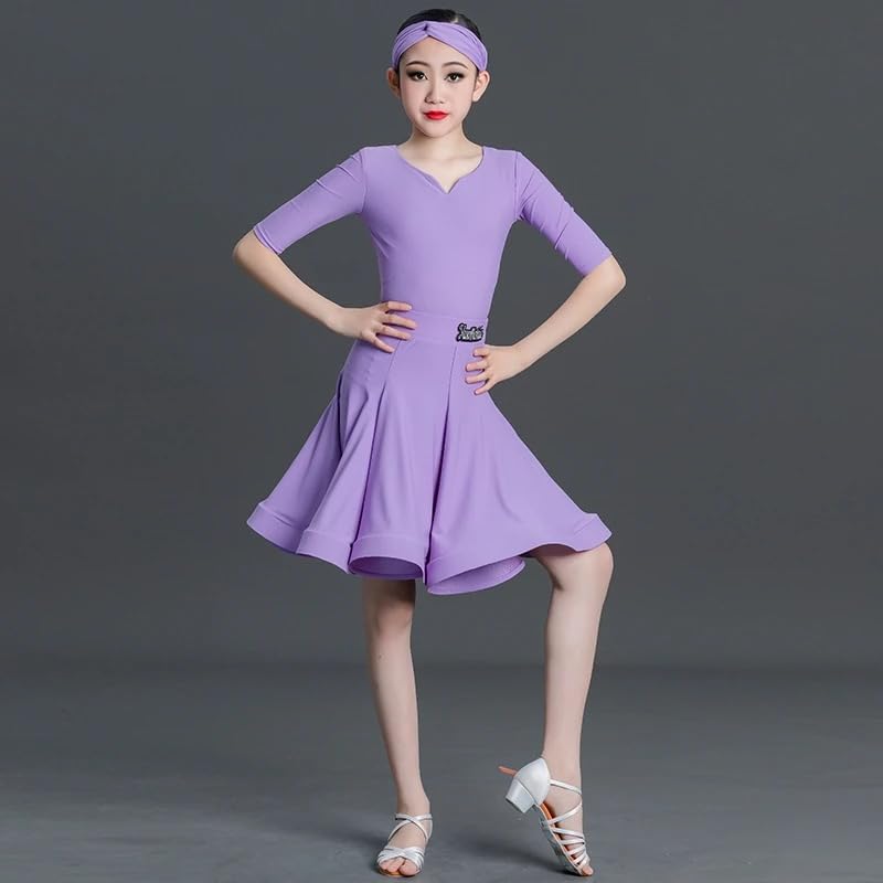 HEARTTOUCH Girls Latin Dress Rumba Samba Ballroom Dresses Leotard Dance Skirt Professional Performance Tango Salsa Dancewear (A Purple,Medium)