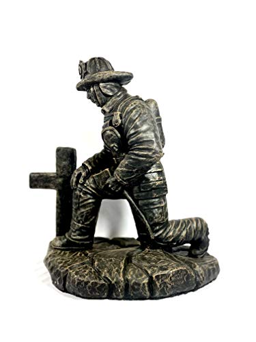 Solid Rock Stoneworks Kneeling Fireman at Cross Statue- Concrete- Autumn Brown-19 Tall x 9