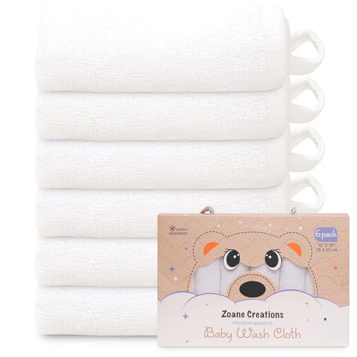 Image of Zoane Creations Premium Baby Wash Cloths for Babies - Ultra-Soft, Highly Absorbent, 500 GSM, 10x10 in, Pack of 6, Baby washcloths for Newborns and Toddlers (White)