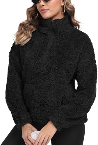 IWOLLENCE Damen Pullover Winter Teddy Jacke Damen Fleece Kuscheljacke | Sherpa Jacke Warmes Sweatshirt Ohne Kapuze Troyer Half Zip Pullover