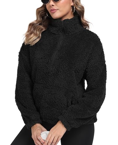 Image of IWOLLENCE Womens Fleece Sweatshirts Sherpa Teddy Fleece Jumper Half Zip Borg Fleece Women Winter Clothes with Kangaroo Pocket Casual Warm Jacket (Black, XL)