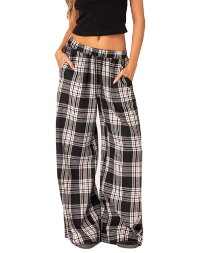 Pantalon pyjama carreaux femme jambe large ample fluide Y2K original