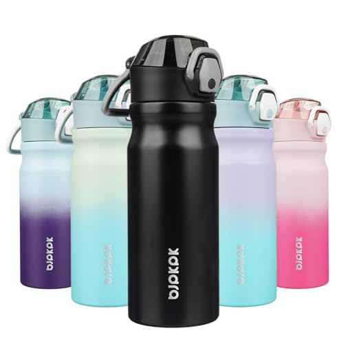 Image of BJPKPK 18 oz Water Bottle with Straw & Handle, Insulated Stainless Flask | Leak Proof Locking Lid, Thermal, Double Wall Vacuum, Keeps Hot /Cold, BPA Free, Dishwasher Safe, Travel & Sports, Black