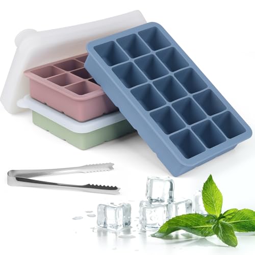 Eiswürfelform Silikon Eiswürfelbehälter mit Deckel, 3 Stück 45 Fach Quadratische Eiswürfel 3.5cm, Ice Cube Tray für Whisky, Cocktails（Blau+Rosa+Grün）
