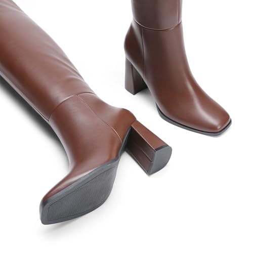 DREAM PAIRS DREAM PAIRS Women's Tall Over the Knee Boots Thigh High Fall Block Chunky Heeled Knee High Long Boots with Fashion Square Toe and Side Zipper,Size 8,Brown,DWUMOB2515