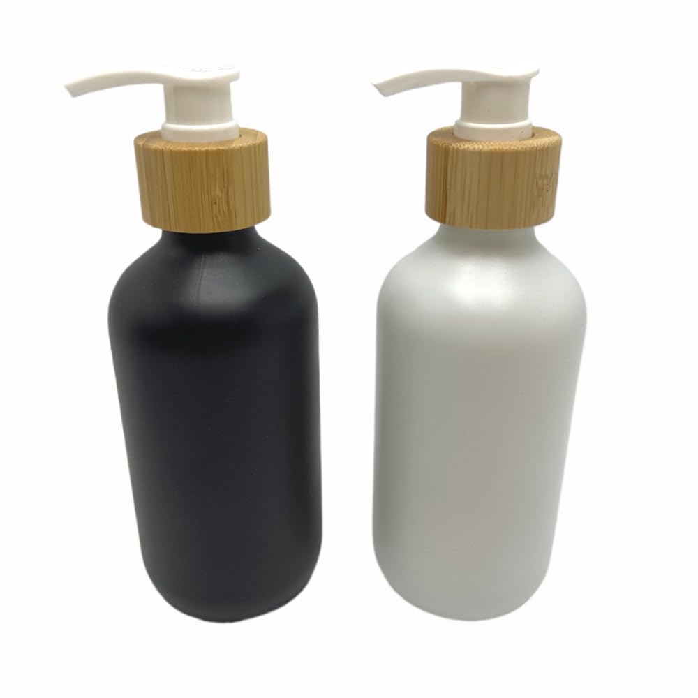 2PCS 250ML/8.3 oz Empty Refillable Matte Black White Glass Pump Bottles Container Holder Vials Pot Storage with Bamboo Screw Pump Head for Bath Shower Shampoo Hair-Conditioner Cleanser Makeup Liquid-image-34