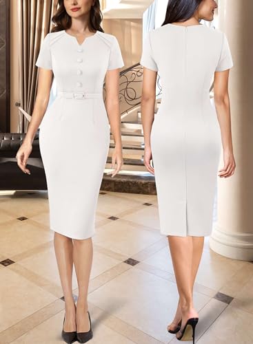 VFSHOW Womens Business Pleated Notch V Neck Buttons Fitted Work Office Elegant Belted Church Bodycon Pencil Sheath Dress…2