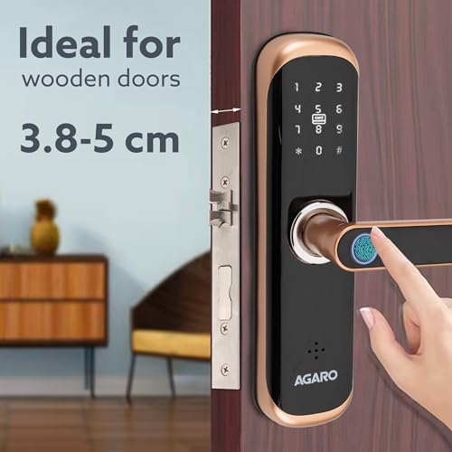 Image of AGARO Grand Smart Door Lock with Handle, Auto Lock, Unlock with Finger Print /RFID Card /PIN Access /App with Bluetooth /Manual Key Access, Digital Door Lock, Anti-Theft Lock, Home Safety, Rose Gold