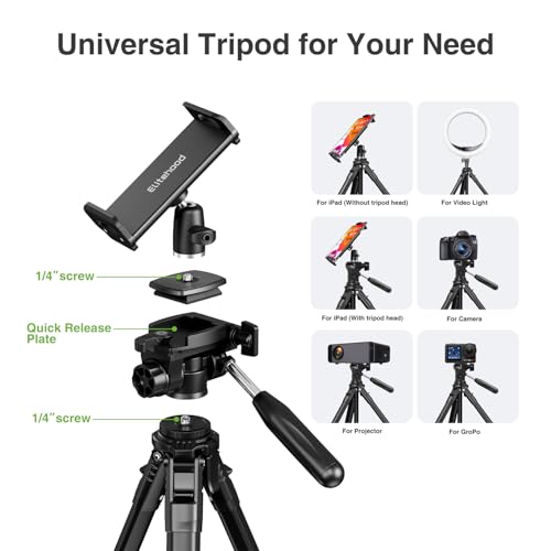 Image of elitehood 63 inch Tripod for Camera and iPad Video Recording, Compact Travel Outdoor iPad Tripod Stand, Load Capacity 8kg /17.6lbs, Compatible with DSLR and 4.7-13 inch Tablet /Phone