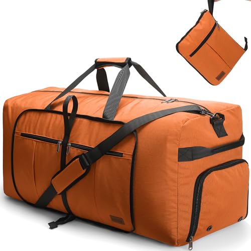Image of Urtala Travel Duffel Bag for Women & Men, Large Foldable Overnight Weekender Bag with Shoes Compartment & Shoulder Strap, Lightweight Waterproof Luggage Bag, Orange, 80L, Practical, Casual, Sporty