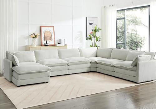 ROWHY 150\'\' Modular Sectional Sofa Cloud Couch, 7 Seater Big Comfy Corduroy L Shaped Couch with 4 Pillows, Chaise, Ottoman, Deep Seat Sectional Couches for Living Room Office, Light Grey