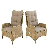 Sillón de jardín reclinable en color natural, fabricada de aluminio y ratán sintético plano de doble trenzado, con un tamaño de 63x67x120 cm.