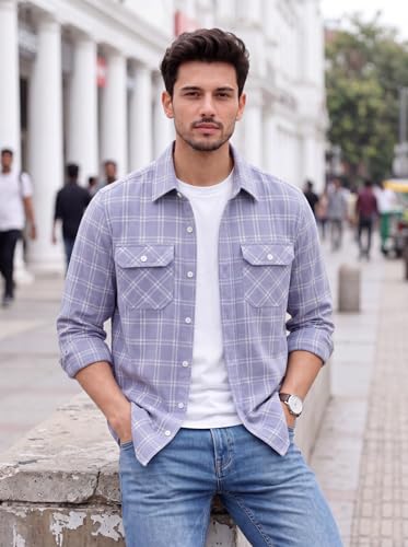Image of Amazon Brand - INKAST Men's Cotton Blend Button Down Shirt || Long Sleeve Casual Flannel Check Shirt || Soft Breathable Lightweight Collared Shirts with Two Flap Chest Pockets || Stylish Everyday Wear