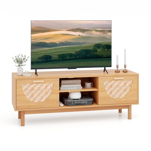 KOMFOTTEU Fernsehtisch TV-Schrank aus Holz, Fernsehschrank für TV bis zu 55 Zoll, TV Lowboard mit 2 Tür aus Bambus, Fernseher Konsole 120x35x45,5 cm