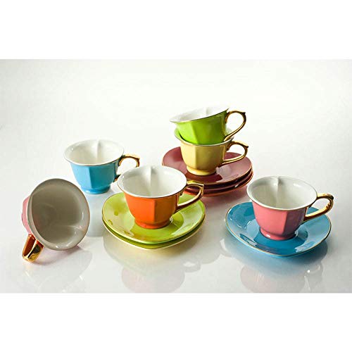Tea and Coffee Cups with Saucers (Set of 6) by Classic Coffee & Tea|Charming, Inside Out Heart Shaped Cups Saucers|Fine Porcelain In 6 Colors with Gold Plated Ends & Handles|Great Gift Idea|6.5 oz - Thumbnail 3