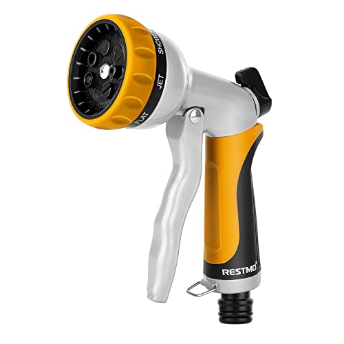 RESTMO Hose Pipe Spray Gun Heavy Duty Garden Hose Spray Gun High Pressure Hose Nozzle Metal Hand Sprayer with 7 Patterns and Water Flow Control Ideal to Water Plant & Lawn Wash Car & Pet Yellow