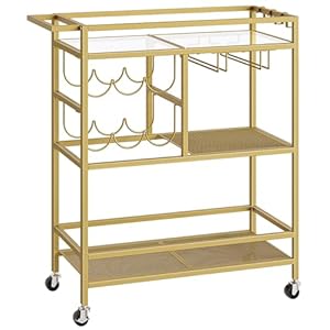 Bar Cart for Home, 3-Tier Serving Cart with Wheels and Handle, Beverage Cart with Wine Rack and Glass Holders, Rolling Wine Cart for Kitchen, Dining Room, Gold RCJ61B01