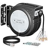 SURAIELEC 80 FT Retractable Extension Cord Reel, 14 AWG SJTOW Power Cord for Garage & Workshop, 10A Circuit Breaker, Wall/Ceiling Mount, Upgraded Anti-Tangle Roller Design, ETL Listed, Grey