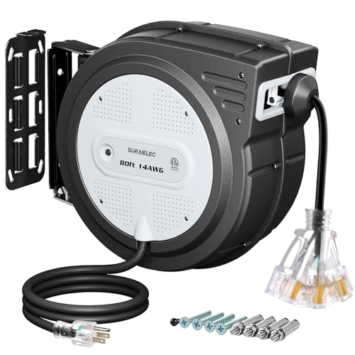 SURAIELEC 80 FT Retractable Extension Cord Reel 14 AWG SJTOW Power Cord for Garage & Workshop 10A Circuit Breaker Wall/Ceiling Mount Upgraded Anti-Tangle Roller Design ETL Listed Grey