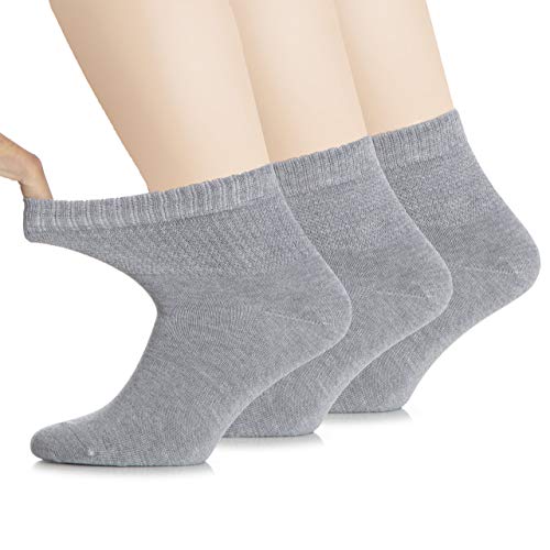 Hugh Ugoli Women's Bamboo Ankle Loose Fit Socks, Soft, Seamless Toe, Wide Stretchy, Non-Binding Top, 3 Pairs, Light Grey, Shoe Size: 6-9
