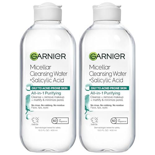 Garnier Micellar Water with Salicylic Acid, All-in-1 Mattifying Facial Cleanser and Makeup Remover for Oily and Acne Prone Skin, 13.5 Fl Oz, Pack of 2