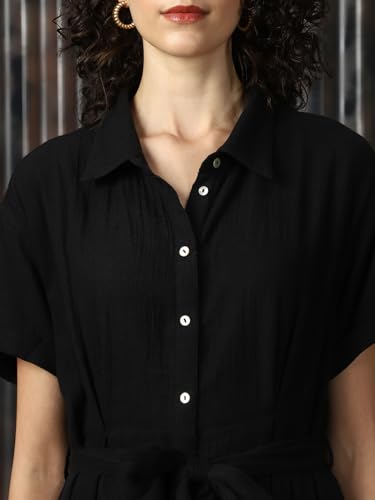 Buy High Star Women Cotton Solid Oversized Fit Spread Collar Black - Image 7