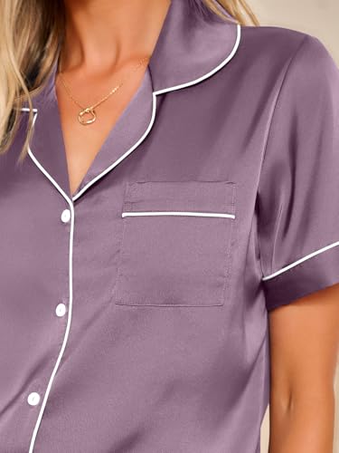 Image of LILLUSORY Silk Satin Pajama Set for Women Summer Two Piece Fall Lounge Pjs | Cozy Matching Sleepwear, Short Sleeve Button Down Shirt and Shorts, Soft Loungewear with Pocket, Cute Trendy Clothing