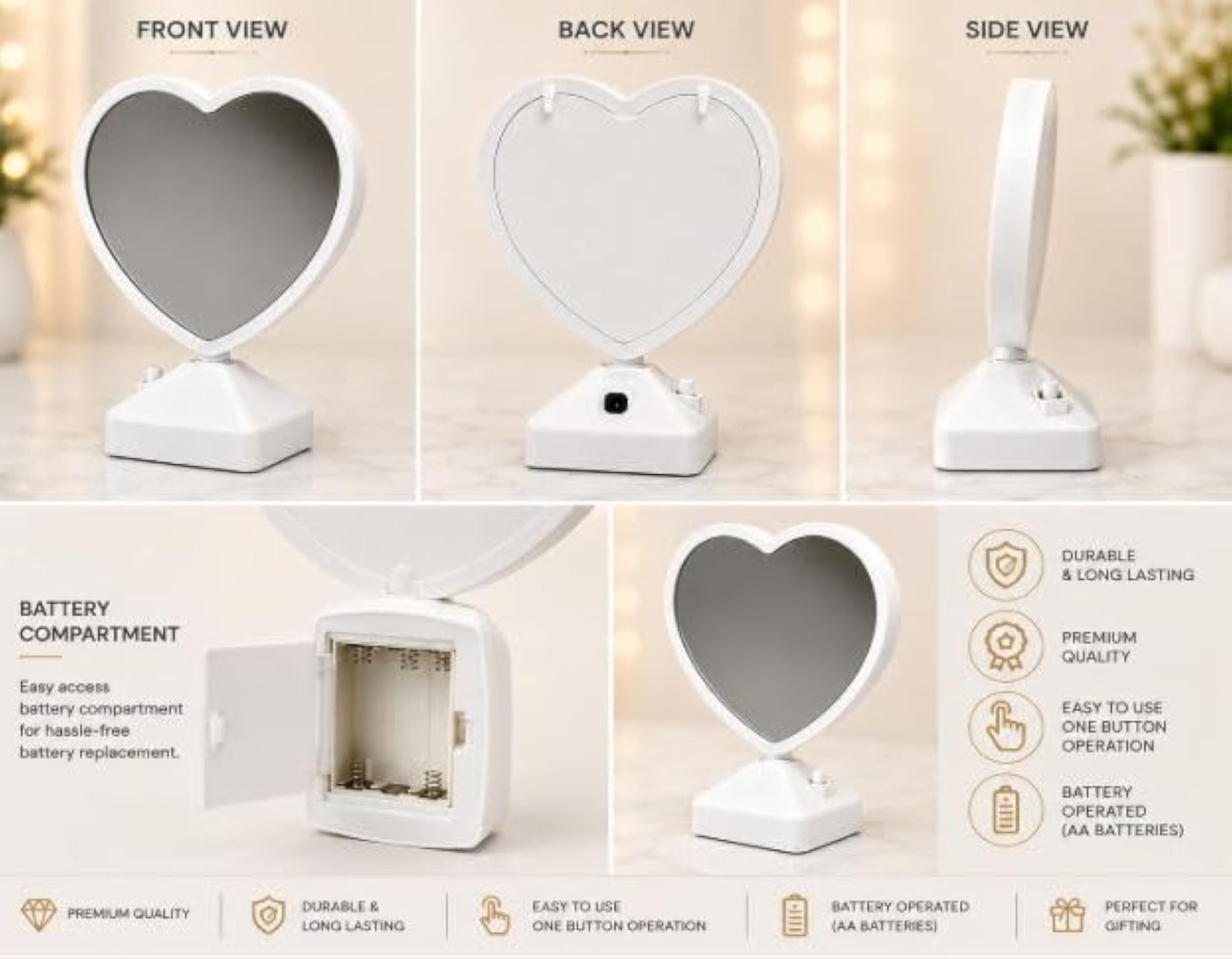 Magic Mirror Heart Shape LED Photo Frame, Small