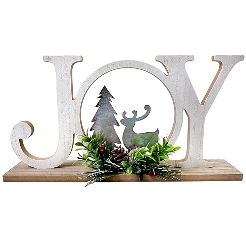 Eternhome Christmas Table Decorations Joy Farmhouse Christmas Tree Elk Sign Wooden Winter Rustic Decor Vintage Holiday Block for Home Kitchen Xmas Party Mantel Tiered Tray Gift