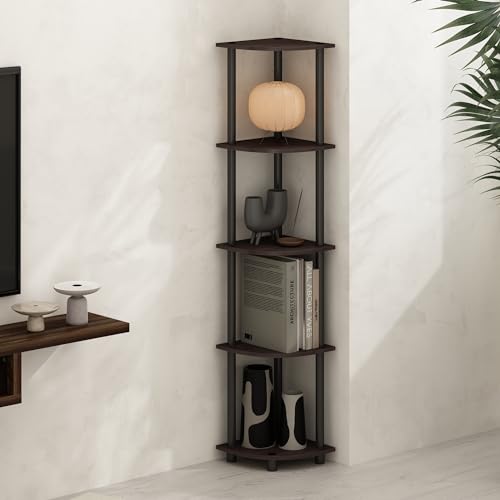 Image of Furinno Turn-N-Tube Storage Shelves, 5-Tier Book Shelf, Corner Shelf, Toolless Open Shelves, for Organization and Storage, Living Room, Home Office, Hallway, Bedroom, Dark Walnut