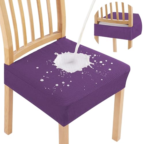 Image of Smiry Waterproof Seat Covers for Dining Room Chairs, No Rear Covers | Stretch Jacquard Removable Washable Chair Seat Slipcovers Protector, Set of 4, Purple