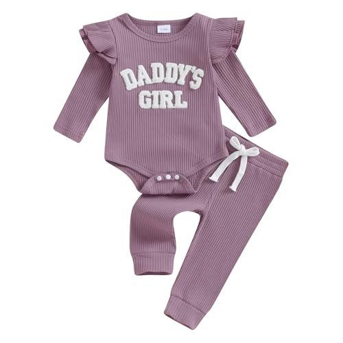 Image of FYBITBO Daddys Girls Baby Clothes Newborn Infant Ribbed Romper Ruffle Long Sleeve Onesie Pants Fall Winter Outfits Clothing Sets (Daddys Girl-Purple, 6-9 Months)