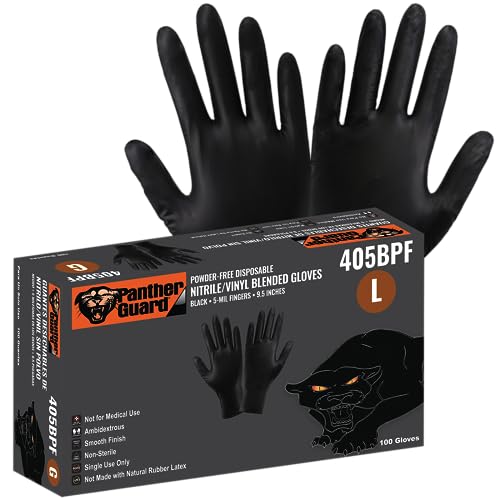 Panther-Guard Industrial-Grade Disposable Gloves, Latex and Powder-Free, Black Nitrile/Vinyl Blend, Smooth Finish, 100 Ambidextrous Gloves, Large
